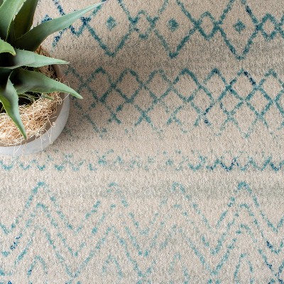 Ivory and Aqua Hand-Knotted Synthetic Square Area Rug