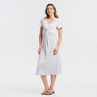 Women's Short Sleeve Textured Twist-Front Midi A-Line Dress