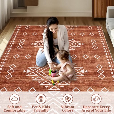 Modern Geometric Area Rug Soft Washable Rug Non Slip Non Shedding Floor Carpet, Low Pile Thin Rug, Distressed Southwestern Rug, Indoor Printed Rug
