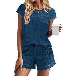 Ekouaer Womens Pajama Set Cap Sleeve Tops and Ruffle Shorts Lounge Set 2 Piece Pj Sets Casual Sleepwear with Pockets - 1 of 4