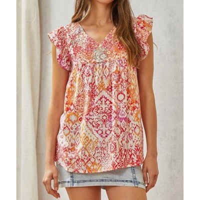 Women's Babydoll Print Top with Floral Embroidery - Savannah Jane