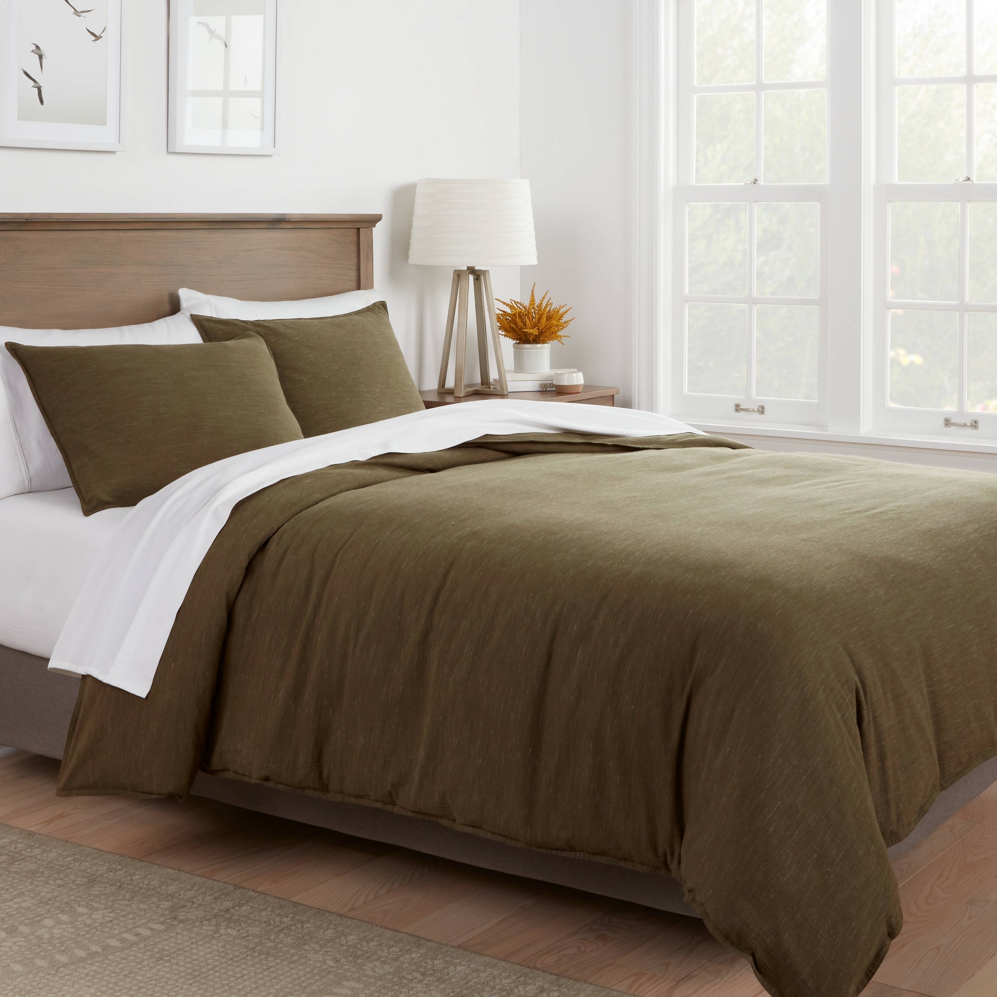 3pc Full/Queen Space Dyed Cotton Linen Duvet Cover & Sham Set Olive Green - Threshold™
