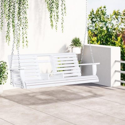 Maggift Patio Accent Chairs, Wooden Double Swing with Metal Chain for Lawn and Garden, White, 59" * 29.5" * 20.75"