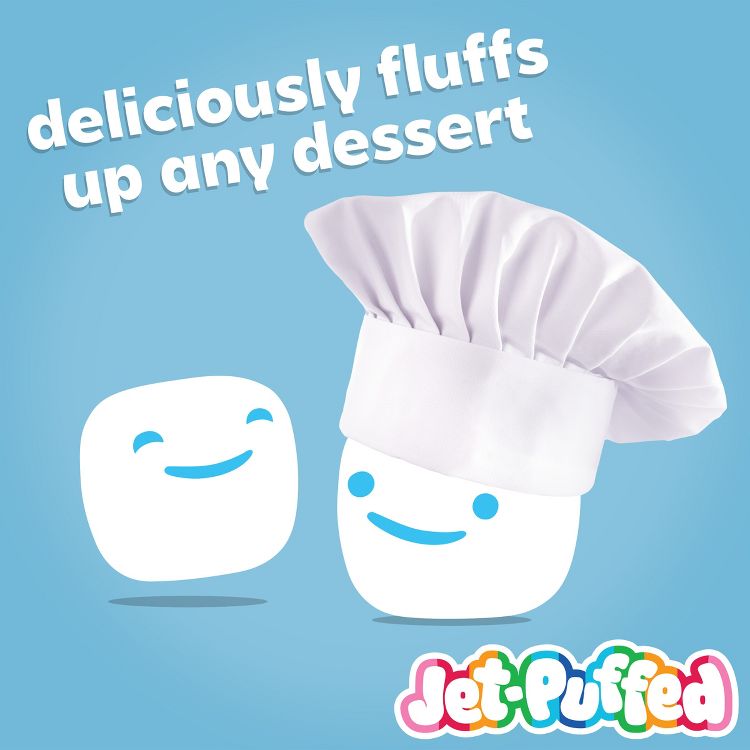 Two cartoon marshmallows with smiling faces, one wearing a chef's hat, with the text "deliciously fluffs up any dessert" and "Jet-Puffed" logo on a blue background.