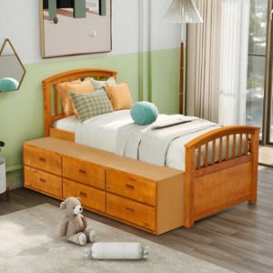 FURNIinspire Beds Twin Size Platform Bed Frame Multifunctional Storage Bed Modern Wood Bed with 6 Drawers, Brown, 77.8"*42.3"*43.6" - 1 of 4