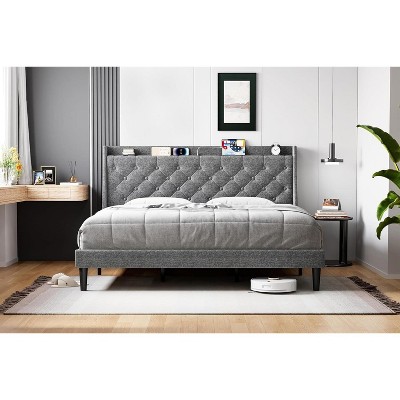 King Size Upholstered Platform Bed Frame with Wingback Headboard, Storage Shelf, Charging Station and USB Ports, Linen Fabric – Grey