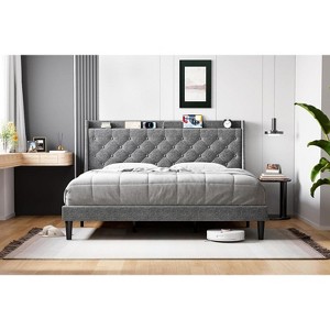 King Size Upholstered Platform Bed Frame with Wingback Headboard, Storage Shelf, Charging Station and USB Ports, Linen Fabric – Grey - 1 of 4