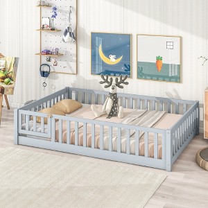 Whisen Twin Bed & Rubber Wood Floor Bed with Fence without Door, Multi - Functional Floor Bed for Kids' Sleep & Play - 1 of 4