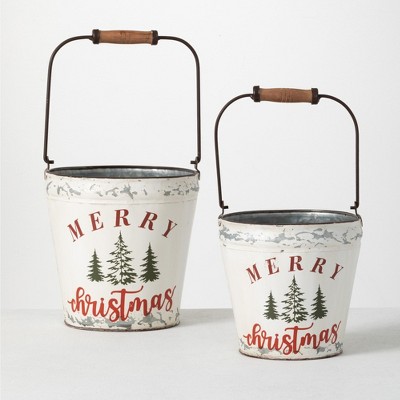 Sullivans Merry Christmas Metal Bucket Set of 2, 9.25"H & 7.75"H Multicolored