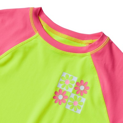 Lands' End Kids Chlorine Resistant Short Sleeve Rash Guard 3 Piece Swimsuit Set - Small - Neon Yellow Floral Check — фото 2