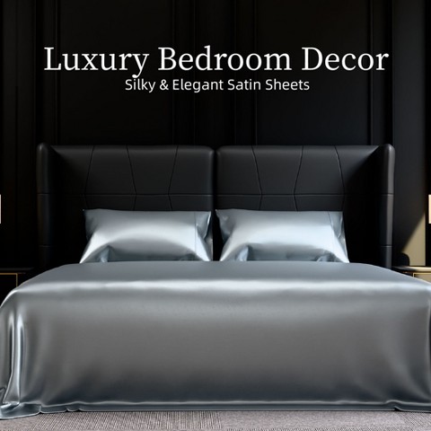 Skyzone Queen Size 4-Piece Silky Satin Bedding Set - 15" Deep Pocket Fitted Sheet, Cool Touch, Grey 90"x102"