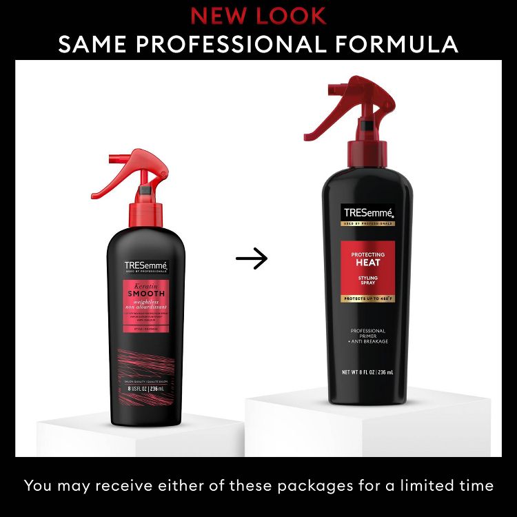 Two black colored TRESemmé spray bottles with red labels and nozzles, showing a packaging change from "Keratin Smooth" to "Protecting Heat" styling spray, both 8 fl oz (236 ml).