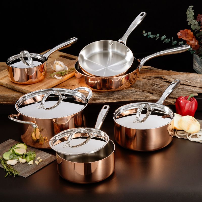 BergHOFF Vintage Tri-Ply Copper Stainless Steel Cookware Set With Stainless Steel Lids, Gold, 2 of 11