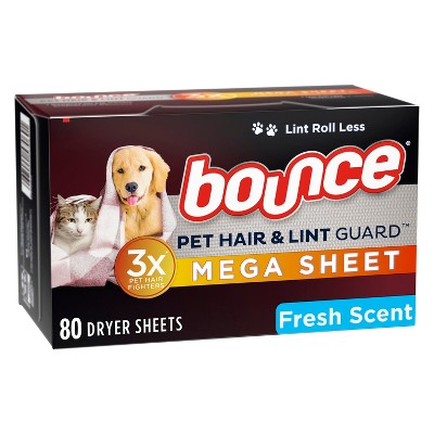 Bounce Pet Hair and Lint Guard Mega Dryer Sheets with 3X Pet Hair Fighters, Fresh Scent, 80 Count