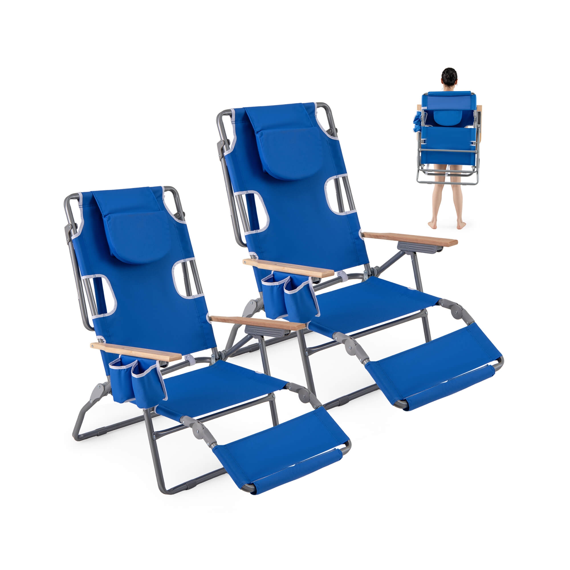 Costway 2 PCS 3-IN-1 Foldable Beach Chair with Face Hole, Footrest, Adjustable Backrest Navy