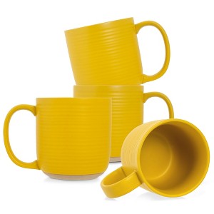 Elanze Designs Ribbed Ceramic Stoneware 16 ounce Raw Clay Bottom Coffee Mugs Set of 4, Mustard - 1 of 4