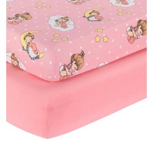 Everyday Kids 2-Pack Girls Fitted Crib Sheets – 100% Cotton Jersey, Precious Moments Print and Solid Pink – Fits Standard Crib Mattress (28” x 52”) - 1 of 4