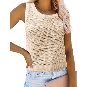 Womens Sweater Tank Tops Pullover Sweater Sheer Tops Lightweight Sweater Scoop Neck Crochet Sweater with Ribbed Cuff - 1 of 4