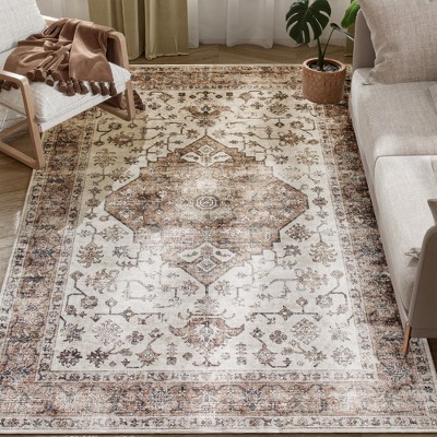 HOMCOM 5x7 Area Rug, Vintage Machine Washable Rug, Non-Slip Distressed Floor Carpet for Living Room, Bedroom, Dining Room, Home Office, Tan