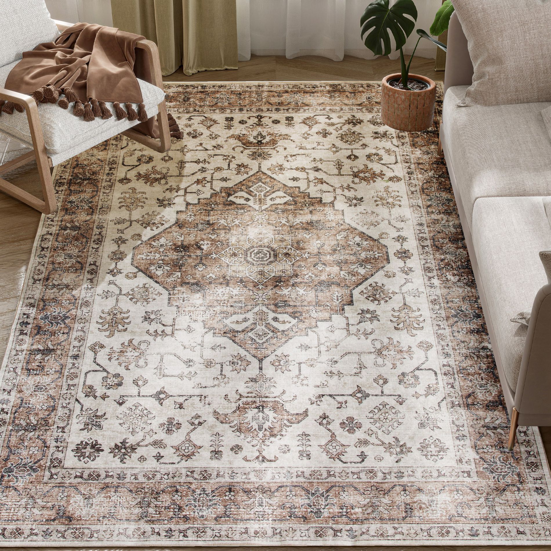 HOMCOM 5x7 Area Rug, Vintage Machine Washable Rug, Non-Slip Distressed Floor Carpet for Living Room, Bedroom, Dining Room, Home Office, Tan