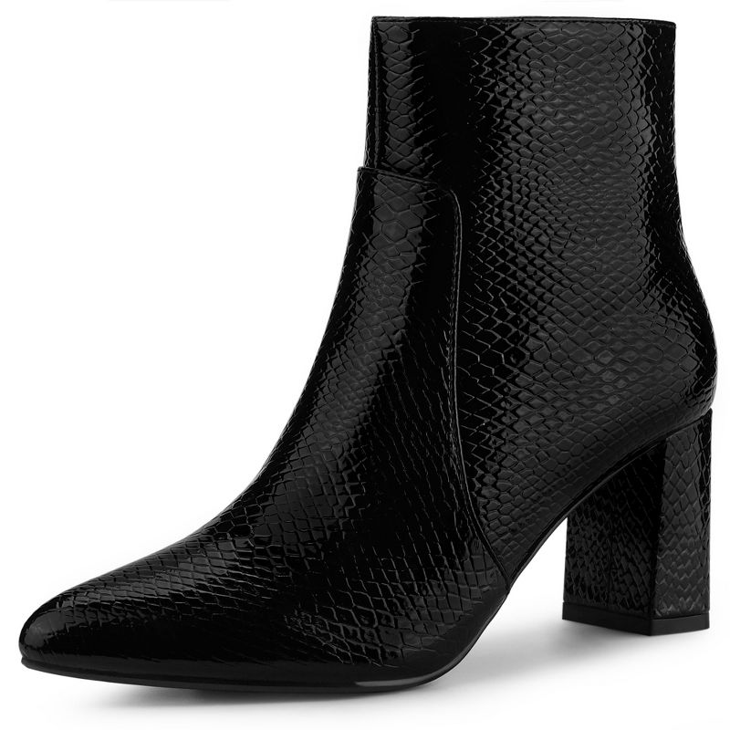 Allegra K Women's Pointed Toe Snake Print Side Zipper Chunky Heel Ankle Boots, 1 of 8