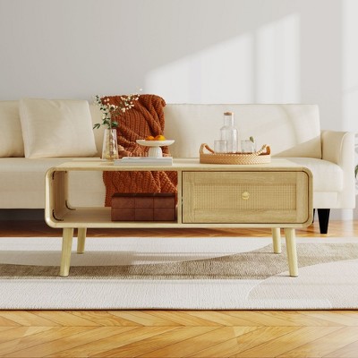 Famapy Light Wood Coffee Table with Rattan-Woven Drawer & Gold Handle�Indoor/Outdoor Storage & Decor Essential