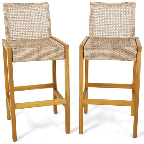 Tangkula Wicker Bar Stools Set Of 2 Patio Chairs W Solid Wood Frame Ergonomic Footrest Light Brown Target