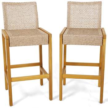 Tangkula Wicker Bar Stools Set of 2 Patio Chairs w/ Solid Wood Frame Ergonomic Footrest Light Brown