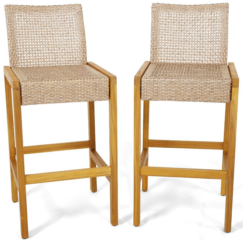 Tangkula Wicker Bar Stools Set of 2 Patio Chairs w/ Solid Wood Frame Ergonomic Footrest Light Brown, 1 of 8