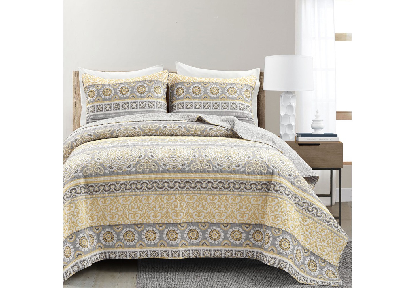 Покрывала Lush Decor Nesco Stripe Reversible Cotton Quilt Yellow/Gray 3Pc Set, цвет: Полосатый — фото 1