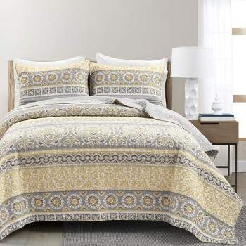 Home Boutique Nesco Stripe Reversible Cotton Quilt - Yellow and Gray - 3 Piece Bedding Set - Full / Queen