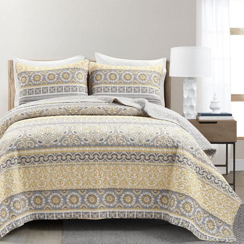 Home Boutique Nesco Stripe Reversible Cotton Quilt - Yellow and Gray - 3 Piece Bedding Set - Full / Queen, 1 of 2