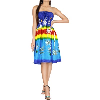 LA LEELA Women's House Daily Routine Evening Wear Flowy Tube Casual Dress Top Vacation Wear Backless Evening Casual Dress One Size Blue, Tree