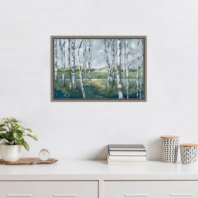 Woodland Magic Birch Trees Landscape Canvas Print in Greywash Frame