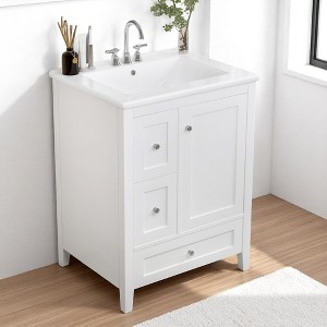 24" Bathroom Vanity with Sink, Adjustable Shelf, 3 Drawers, and Glossy White Finish – Freestanding MDF Cabinet,Storage Organizer - 1 of 4