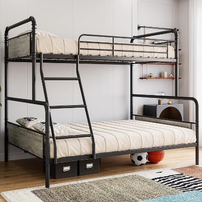 Nasitip Metal Bunk Bed Twin Over Full Size with Angled Ladder, High Guardrail, Heavy Duty Bunk Bed Frame with Metal Slats(2-Parcel)