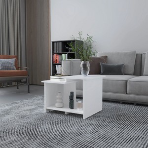 Vynxaria Modern White Coffee Table with Open Storage - Sleek Rectangular Design, Three-Shelf Organization - 1 of 4