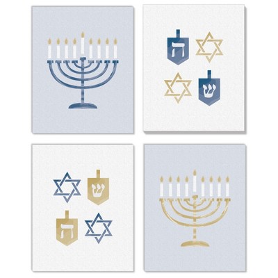 Big Dot of Happiness Happy Hanukkah - Unframed Menorah and Dreidel Chanukah Holiday Linen Paper Wall Art - Set of 4 - Artisms - 8 x 10 inches