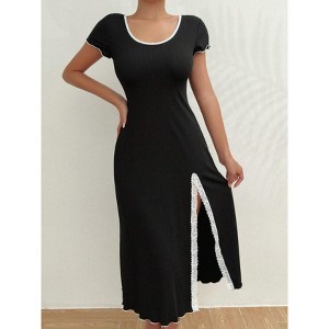 Ribbed Dress Short Sleeve Midi Dress with Lace Side Slit Dresses - 1 of 3