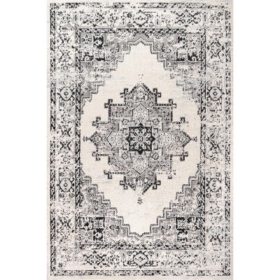 4' x 6' Dark Gray and Cream Medallion Synthetic Area Rug
