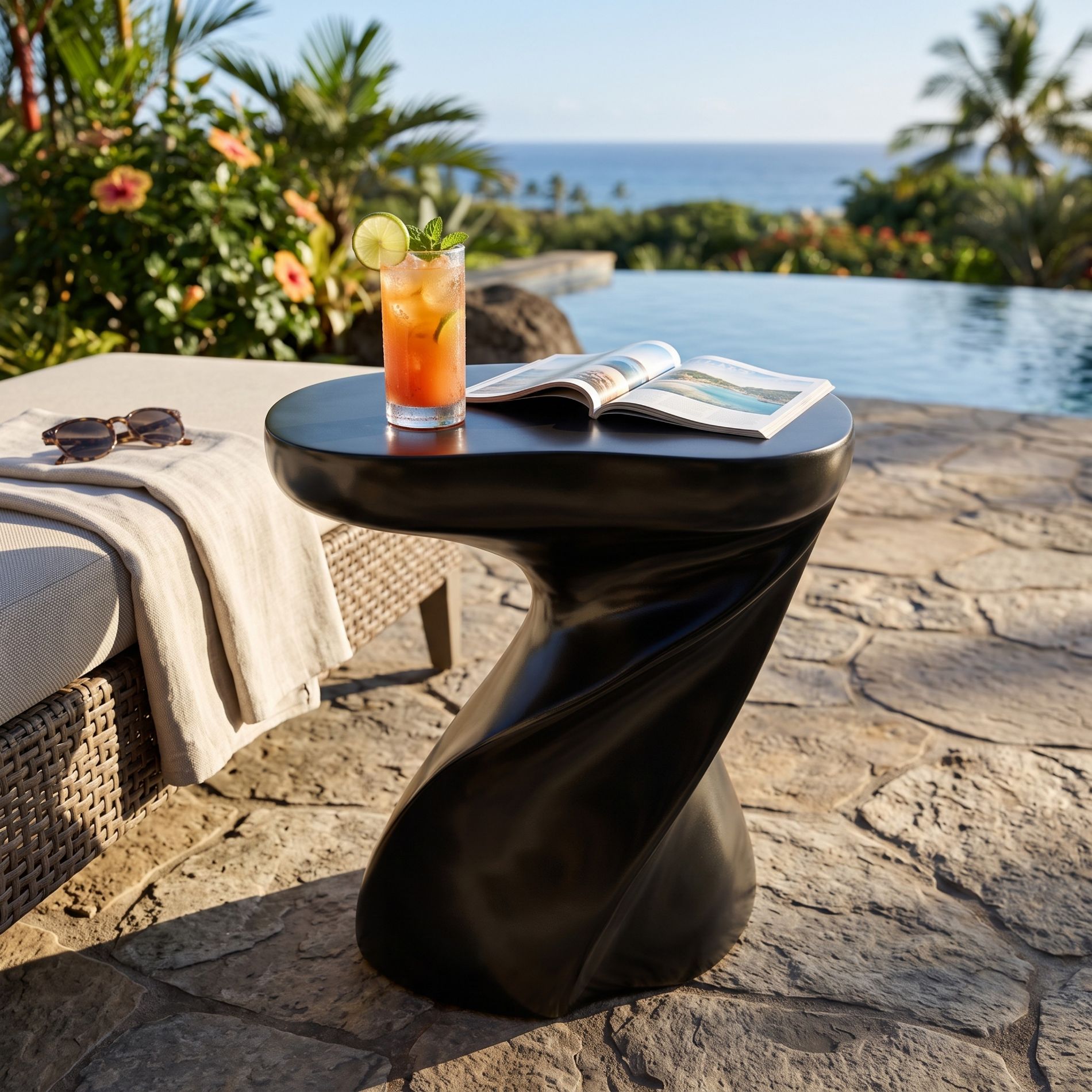Christopher Knight Home Aria Patio Modern Lightweight Concrete Sculptural Side Table with Twisted Base, Black