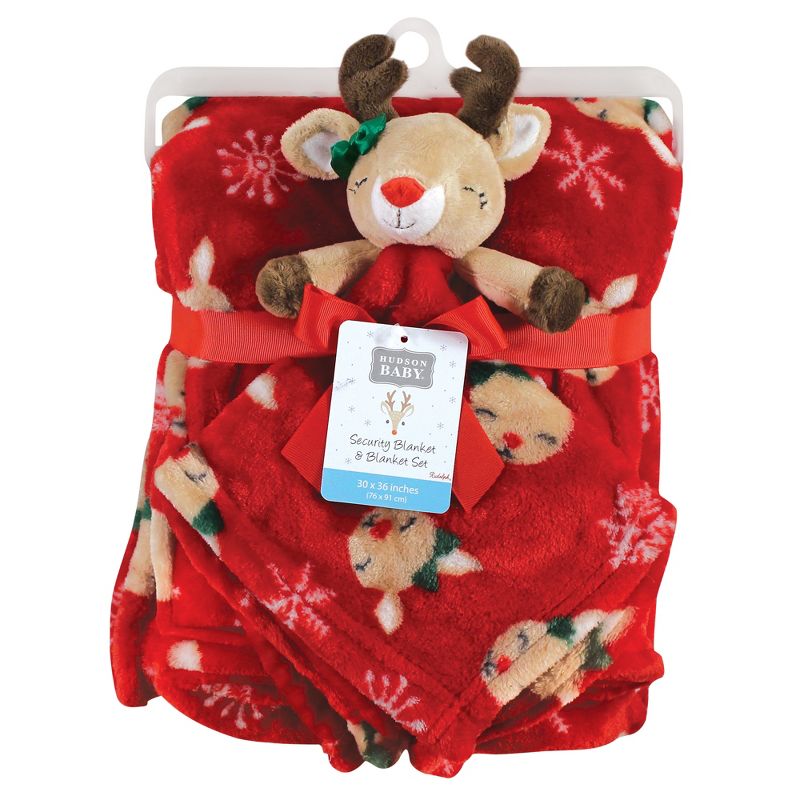 Hudson Baby Infant Girls Plush Blanket with Security Blanket, Girl Holiday Reindeer, One Size, 2 of 5