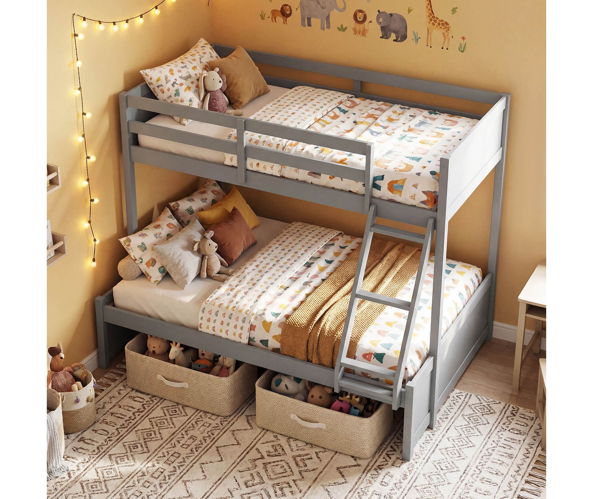 Costway Twin Over Full Bunk Bed with 3-Step Ladder Full-Length Guardrails 21 Support Slats White/Gray