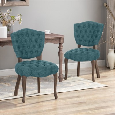 SKRAN Set of 2 Tufted Chair for Kitchen or Dining Room - Teal Fabric Upholstered with Button Tufting and Scrolled Legs