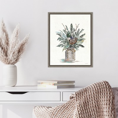Seasonal Charm Greenery Christmas Vase Canvas Wall Art in Grey Frame