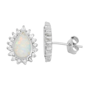 Opalata Sterling Silver, White Inlay Opal Teardrop with CZ Border Stud Earrings - White - 1 of 2