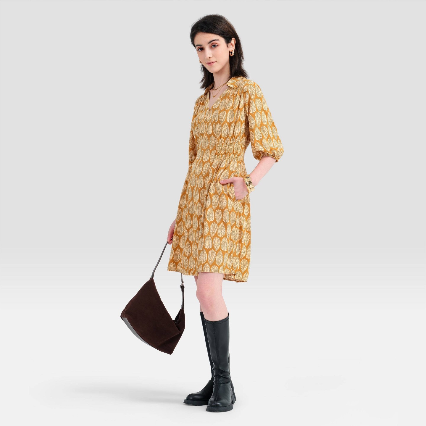 Женское платье A New Day Puff 3/4 Sleeve Smocked Waist Shirtdress, цвет: Жёлтый — фото 4