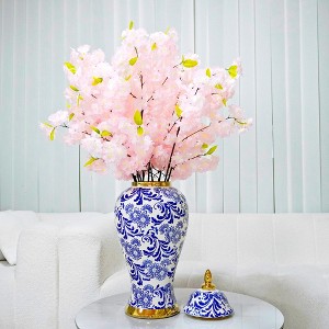 Gulches White Ceramic Ginger Jar Vase with Blue & Gold Accents - Removable Lid - 1 of 4