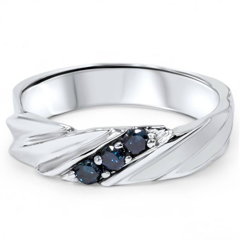 Pompeii3 1/10ct Treated Blue Diamond Mens Three Stone Wedding Ring 14K White Gold, 2 of 4