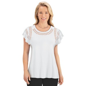 Collections Etc Double Layer Flutter Sleeve Eyelet Trim Stylish Top - 1 of 4